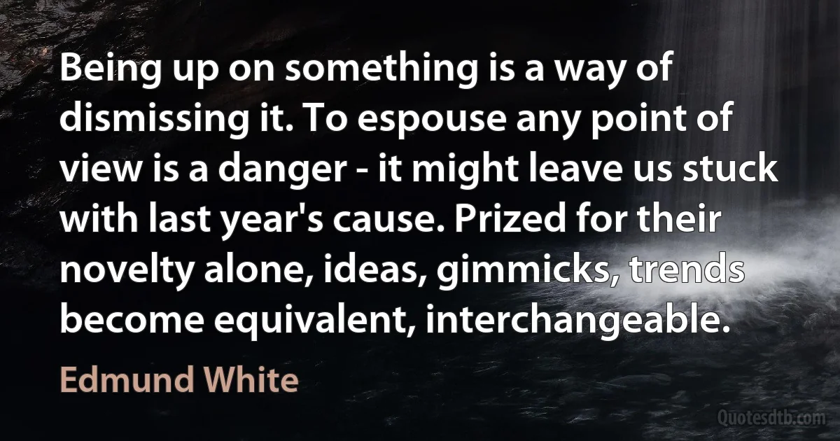 Being up on something is a way of dismissing it. To espouse any point of view is a danger - it might leave us stuck with last year's cause. Prized for their novelty alone, ideas, gimmicks, trends become equivalent, interchangeable. (Edmund White)