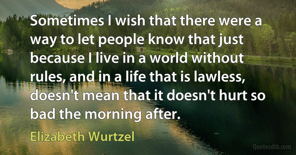 Sometimes I wish that there were a way to let people know that just because I live in a world without rules, and in a life that is lawless, doesn't mean that it doesn't hurt so bad the morning after. (Elizabeth Wurtzel)