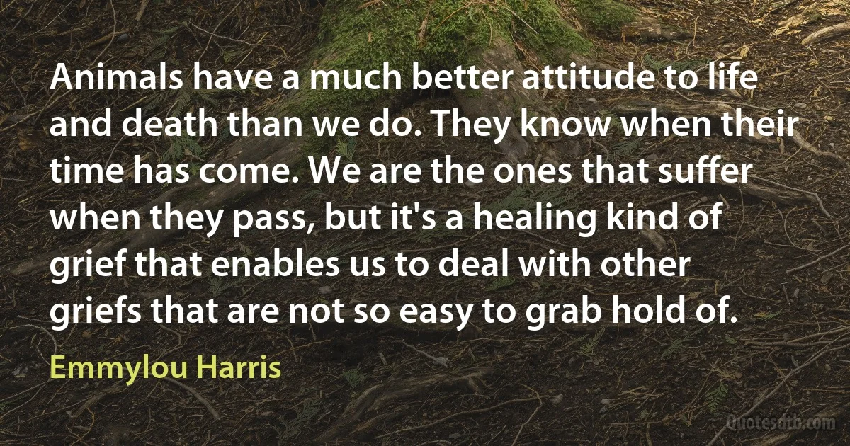 Animals have a much better attitude to life and death than we do. They know when their time has come. We are the ones that suffer when they pass, but it's a healing kind of grief that enables us to deal with other griefs that are not so easy to grab hold of. (Emmylou Harris)