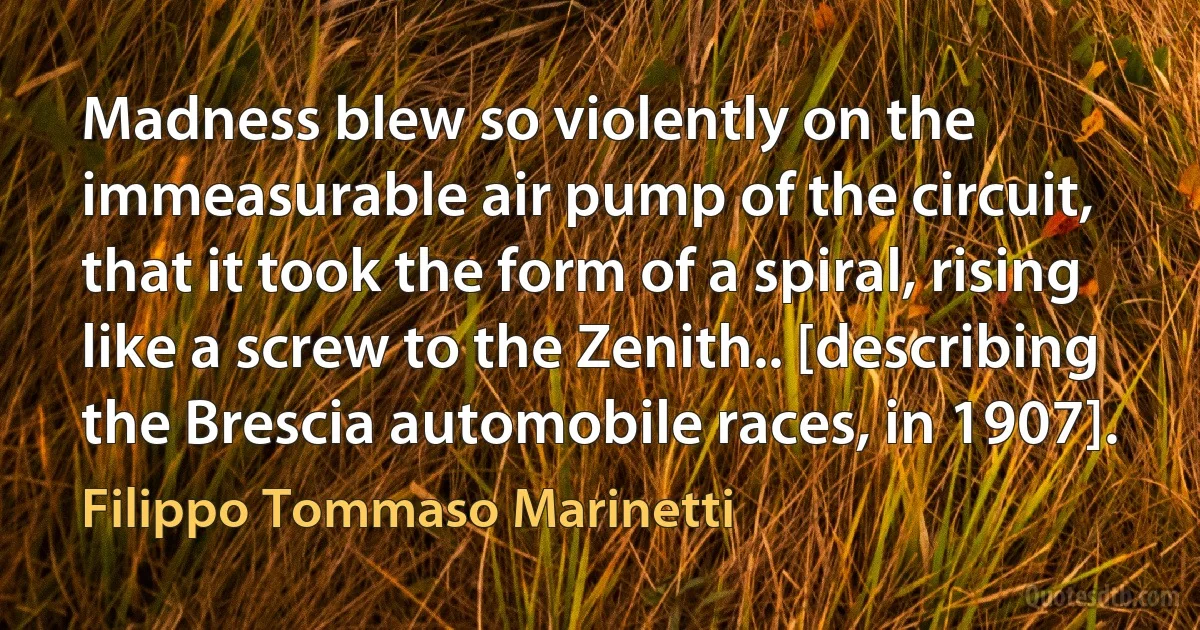 Madness blew so violently on the immeasurable air pump of the circuit, that it took the form of a spiral, rising like a screw to the Zenith.. [describing the Brescia automobile races, in 1907]. (Filippo Tommaso Marinetti)