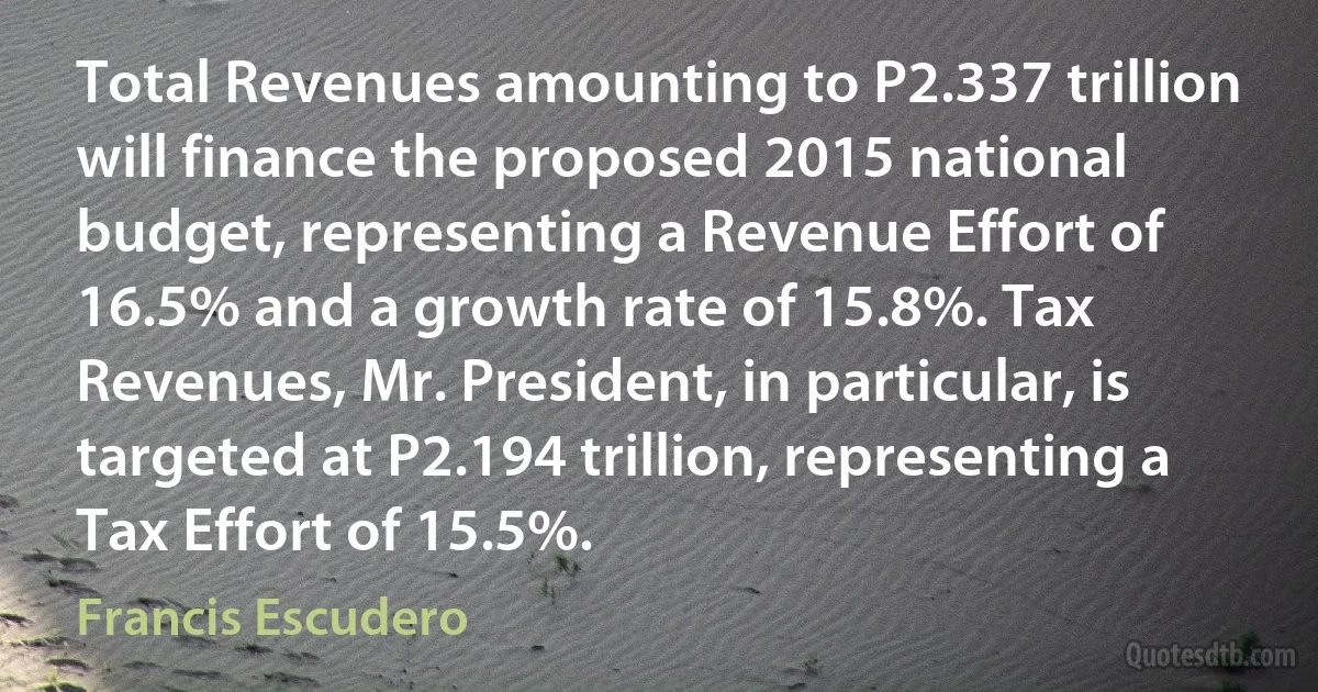 Total Revenues amounting to P2.337 trillion will finance the proposed 2015 national budget, representing a Revenue Effort of 16.5% and a growth rate of 15.8%. Tax Revenues, Mr. President, in particular, is targeted at P2.194 trillion, representing a Tax Effort of 15.5%. (Francis Escudero)