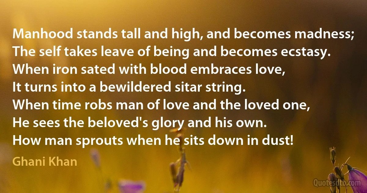 Manhood stands tall and high, and becomes madness;
The self takes leave of being and becomes ecstasy.
When iron sated with blood embraces love,
It turns into a bewildered sitar string.
When time robs man of love and the loved one,
He sees the beloved's glory and his own.
How man sprouts when he sits down in dust! (Ghani Khan)