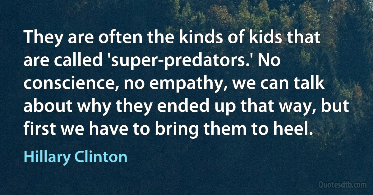 They are often the kinds of kids that are called 'super-predators.' No conscience, no empathy, we can talk about why they ended up that way, but first we have to bring them to heel. (Hillary Clinton)