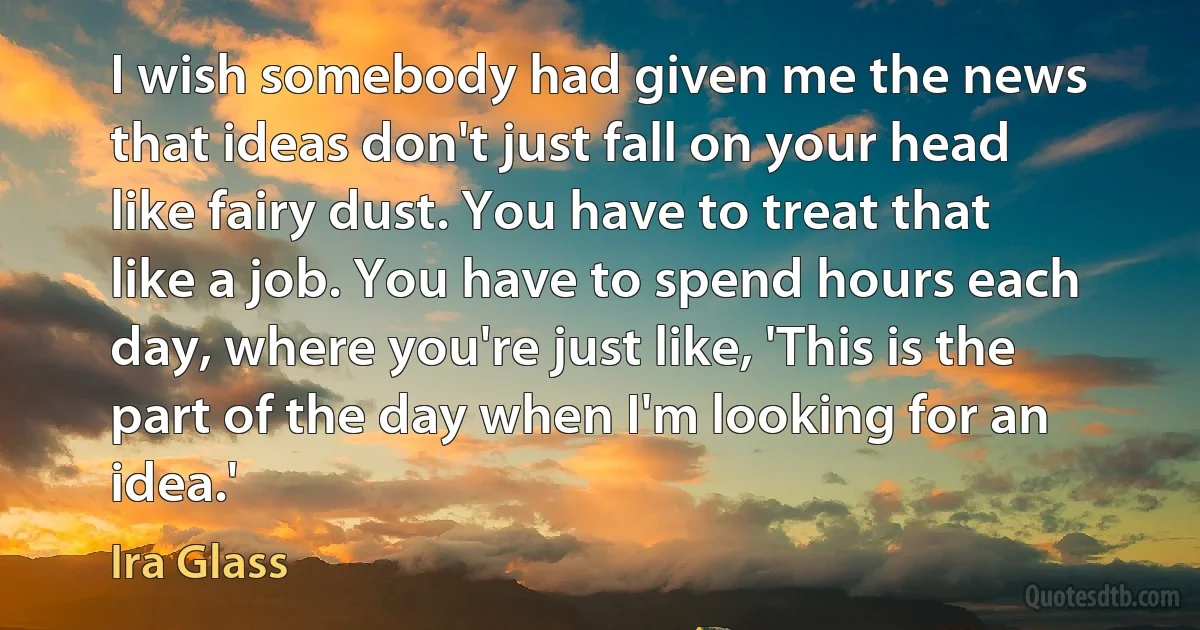 I wish somebody had given me the news that ideas don't just fall on your head like fairy dust. You have to treat that like a job. You have to spend hours each day, where you're just like, 'This is the part of the day when I'm looking for an idea.' (Ira Glass)