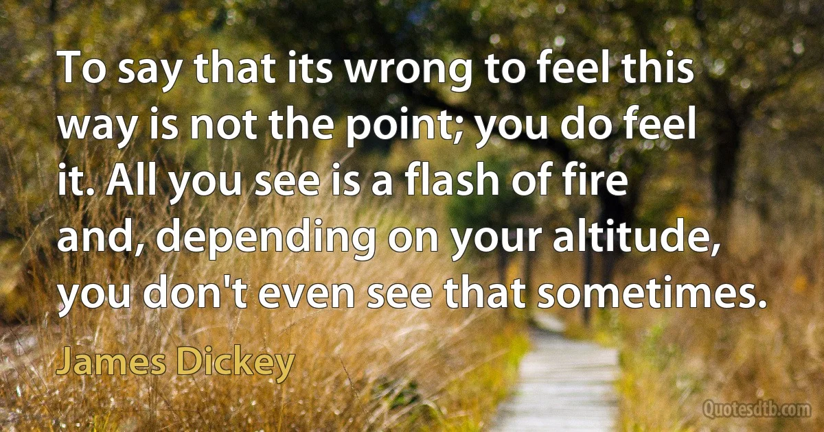 To say that its wrong to feel this way is not the point; you do feel it. All you see is a flash of fire and, depending on your altitude, you don't even see that sometimes. (James Dickey)