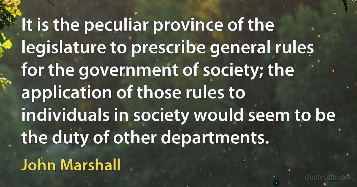 It is the peculiar province of the legislature to prescribe general rules for the government of society; the application of those rules to individuals in society would seem to be the duty of other departments. (John Marshall)