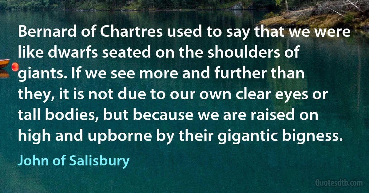 Bernard of Chartres used to say that we were like dwarfs seated on the shoulders of giants. If we see more and further than they, it is not due to our own clear eyes or tall bodies, but because we are raised on high and upborne by their gigantic bigness. (John of Salisbury)