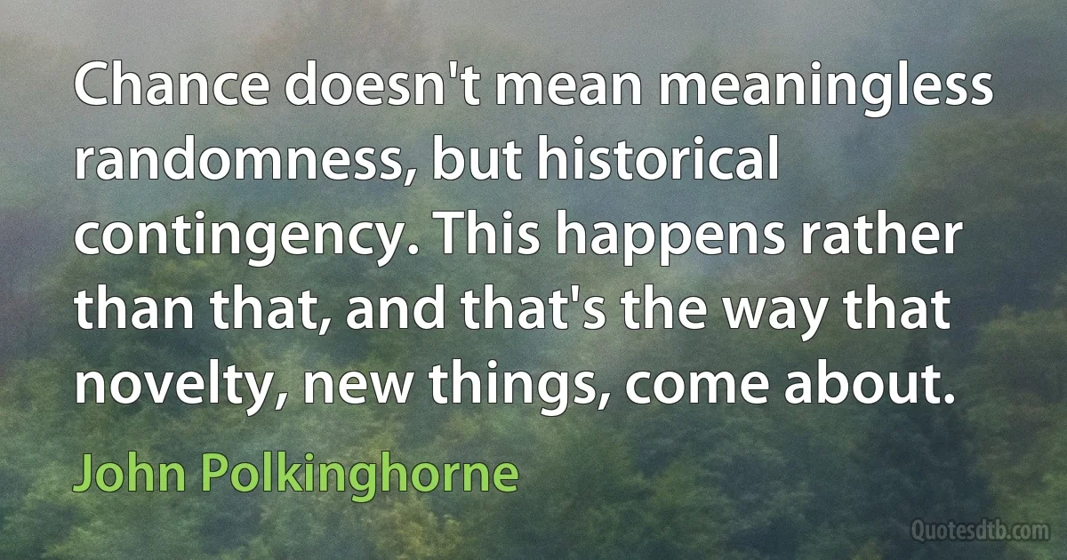 Chance doesn't mean meaningless randomness, but historical contingency. This happens rather than that, and that's the way that novelty, new things, come about. (John Polkinghorne)