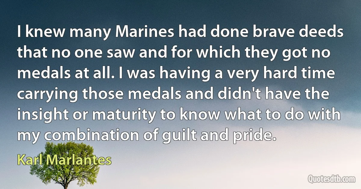 I knew many Marines had done brave deeds that no one saw and for which they got no medals at all. I was having a very hard time carrying those medals and didn't have the insight or maturity to know what to do with my combination of guilt and pride. (Karl Marlantes)