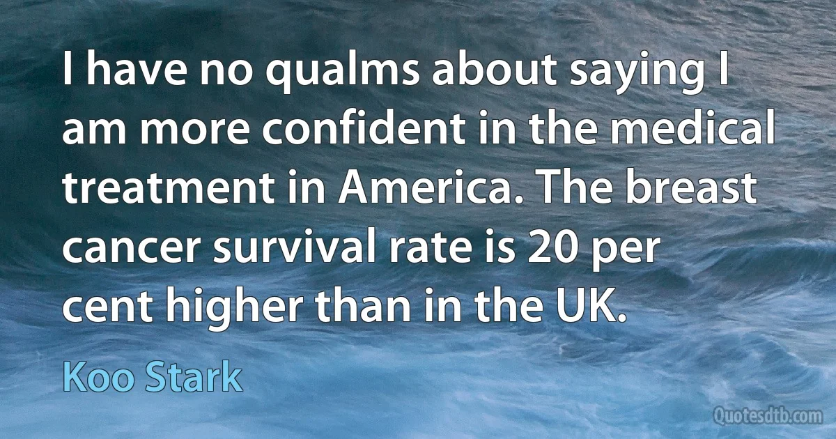 I have no qualms about saying I am more confident in the medical treatment in America. The breast cancer survival rate is 20 per cent higher than in the UK. (Koo Stark)