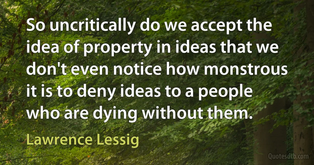 So uncritically do we accept the idea of property in ideas that we don't even notice how monstrous it is to deny ideas to a people who are dying without them. (Lawrence Lessig)