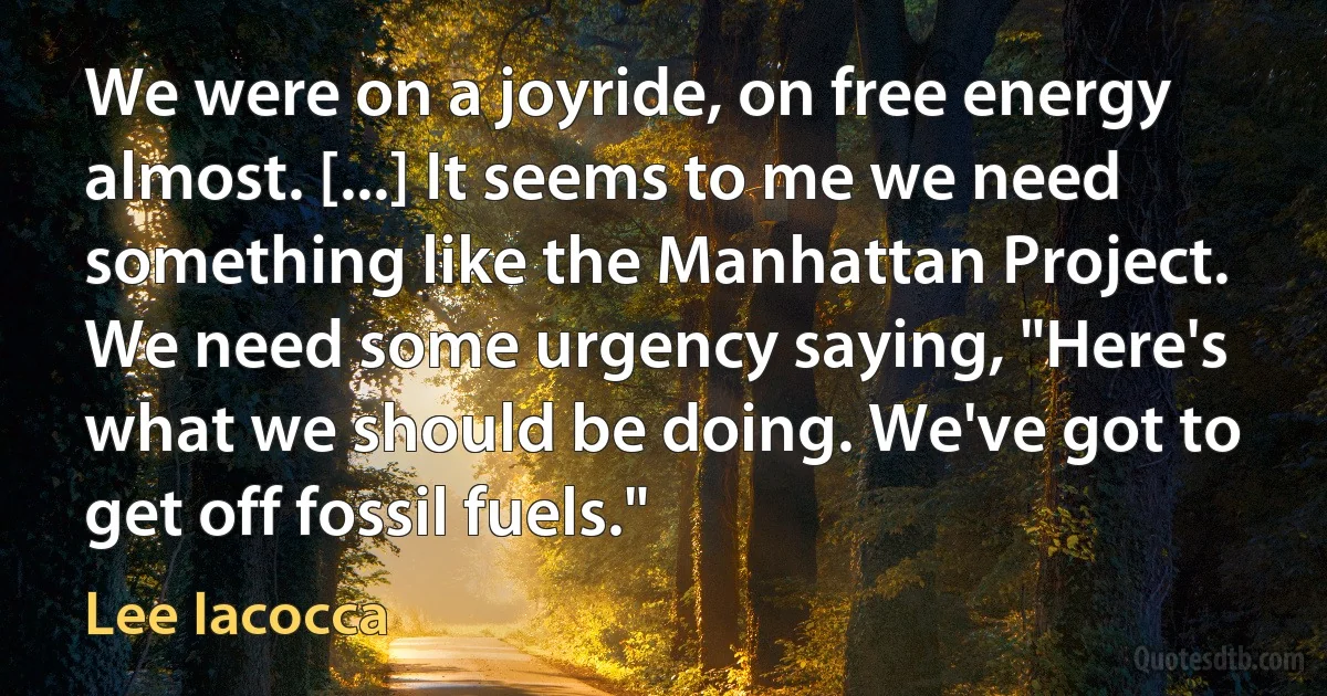 We were on a joyride, on free energy almost. [...] It seems to me we need something like the Manhattan Project. We need some urgency saying, "Here's what we should be doing. We've got to get off fossil fuels." (Lee Iacocca)