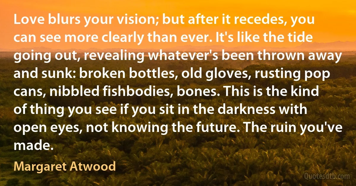 Love blurs your vision; but after it recedes, you can see more clearly than ever. It's like the tide going out, revealing whatever's been thrown away and sunk: broken bottles, old gloves, rusting pop cans, nibbled fishbodies, bones. This is the kind of thing you see if you sit in the darkness with open eyes, not knowing the future. The ruin you've made. (Margaret Atwood)