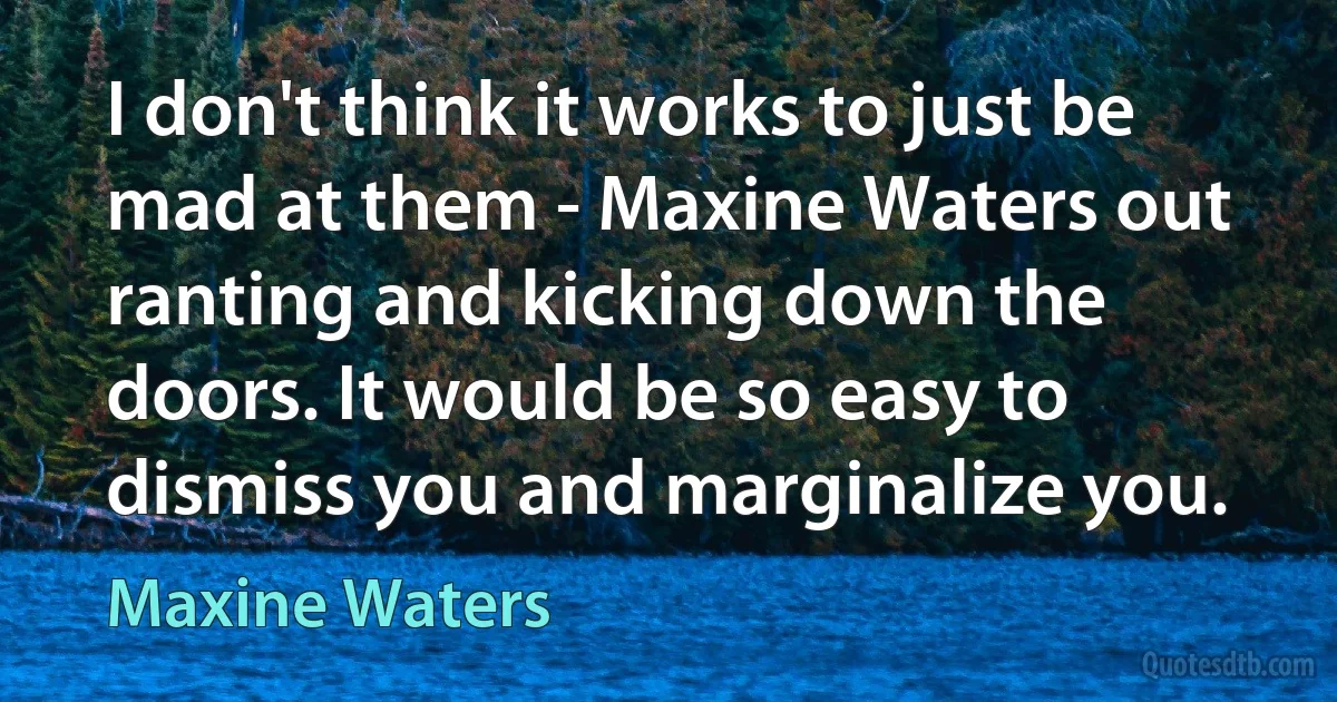 I don't think it works to just be mad at them - Maxine Waters out ranting and kicking down the doors. It would be so easy to dismiss you and marginalize you. (Maxine Waters)