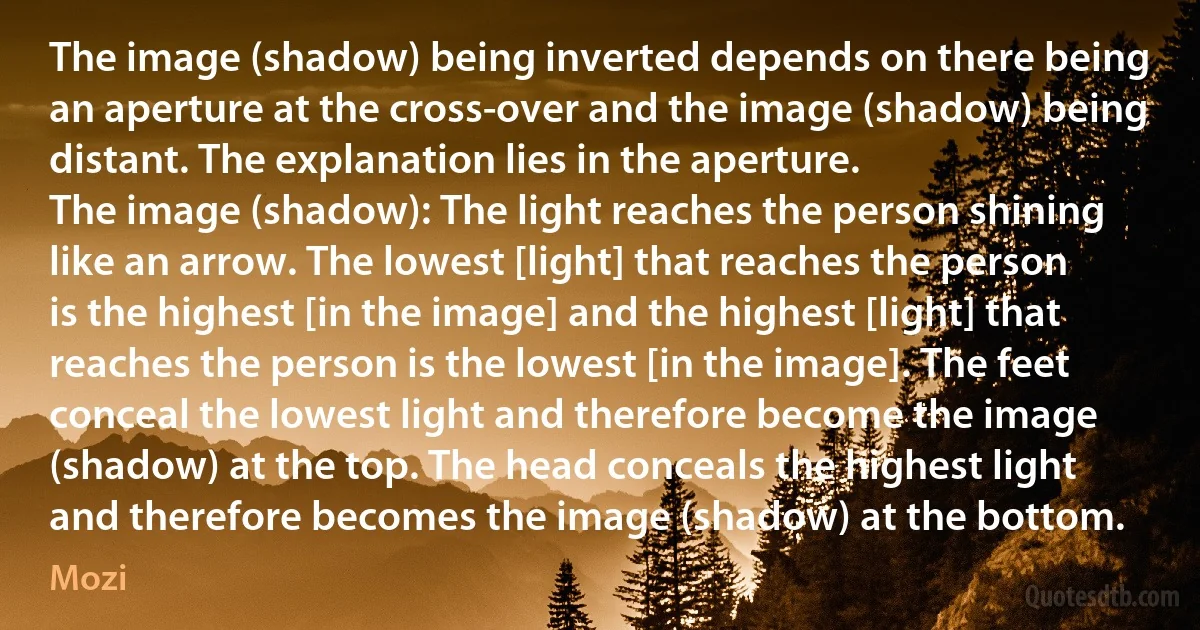 The image (shadow) being inverted depends on there being an aperture at the cross-over and the image (shadow) being distant. The explanation lies in the aperture.
The image (shadow): The light reaches the person shining like an arrow. The lowest [light] that reaches the person is the highest [in the image] and the highest [light] that reaches the person is the lowest [in the image]. The feet conceal the lowest light and therefore become the image (shadow) at the top. The head conceals the highest light and therefore becomes the image (shadow) at the bottom. (Mozi)