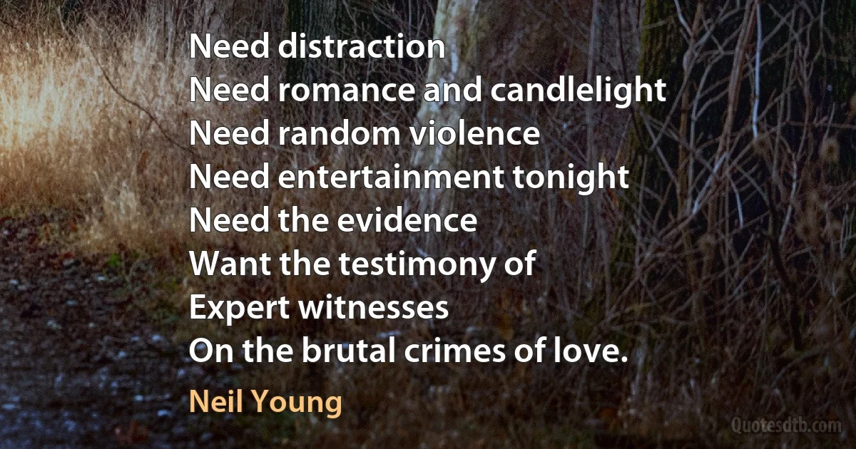 Need distraction
Need romance and candlelight
Need random violence
Need entertainment tonight
Need the evidence
Want the testimony of
Expert witnesses
On the brutal crimes of love. (Neil Young)