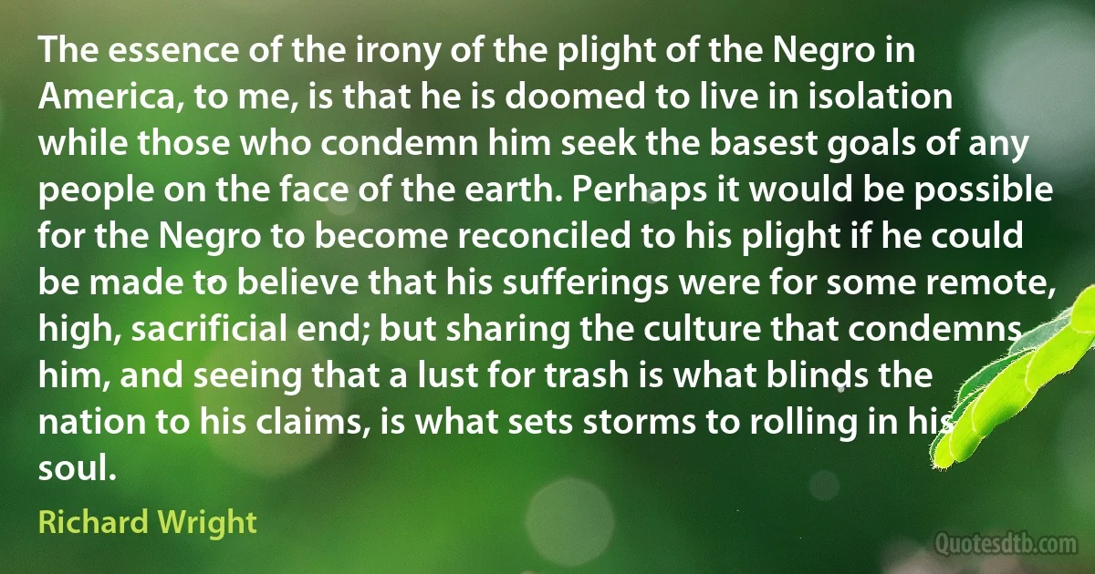 The essence of the irony of the plight of the Negro in America, to me, is that he is doomed to live in isolation while those who condemn him seek the basest goals of any people on the face of the earth. Perhaps it would be possible for the Negro to become reconciled to his plight if he could be made to believe that his sufferings were for some remote, high, sacrificial end; but sharing the culture that condemns him, and seeing that a lust for trash is what blinds the nation to his claims, is what sets storms to rolling in his soul. (Richard Wright)