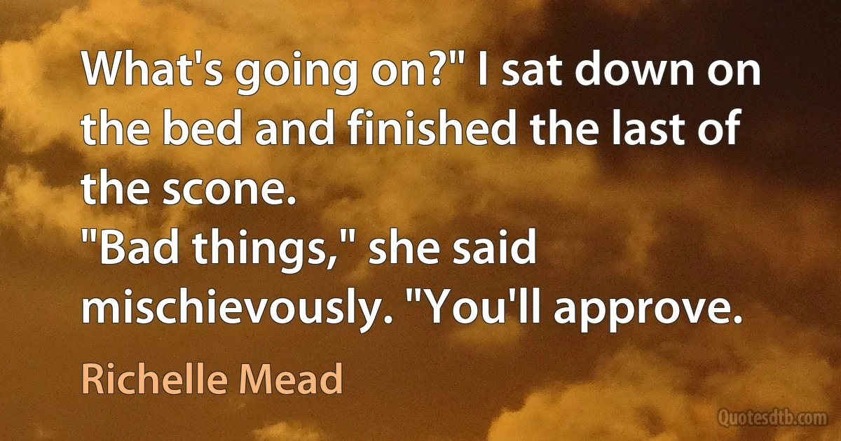 What's going on?" I sat down on the bed and finished the last of the scone.
"Bad things," she said mischievously. "You'll approve. (Richelle Mead)