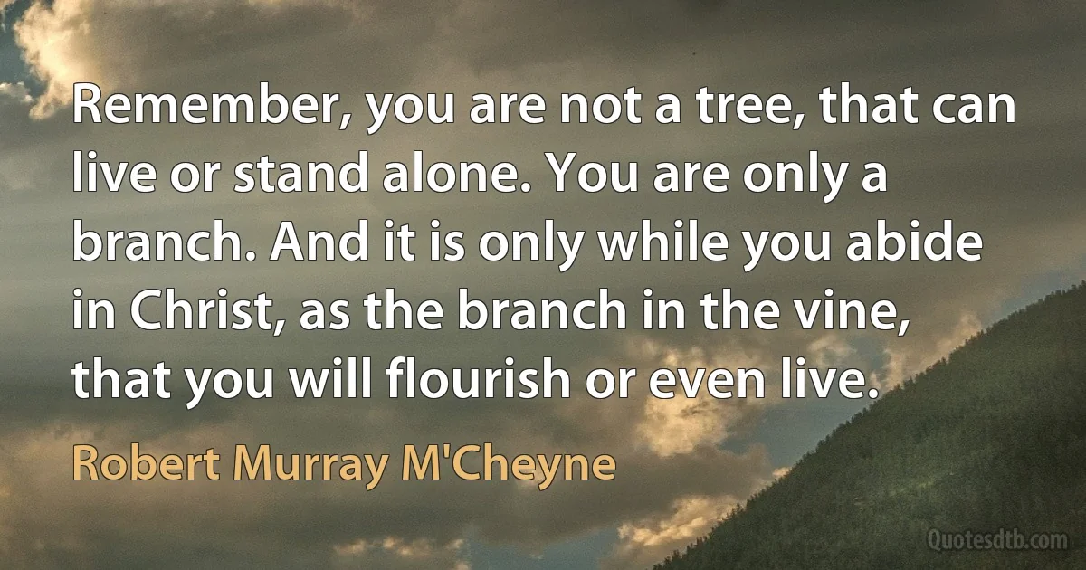 Remember, you are not a tree, that can live or stand alone. You are only a branch. And it is only while you abide in Christ, as the branch in the vine, that you will flourish or even live. (Robert Murray M'Cheyne)