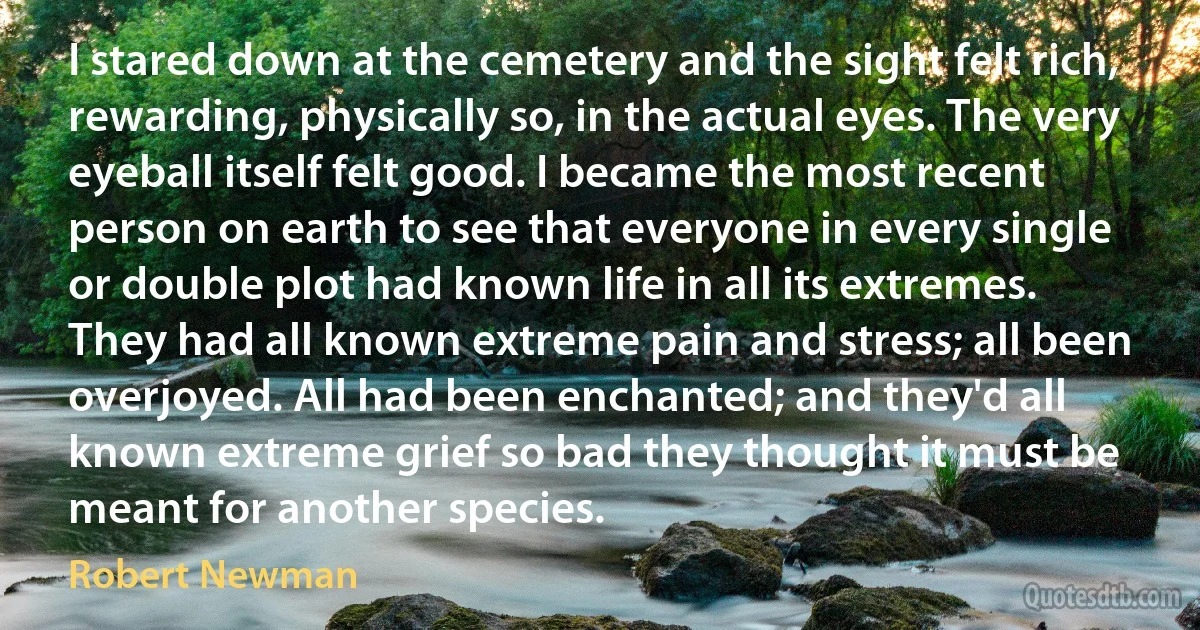 I stared down at the cemetery and the sight felt rich, rewarding, physically so, in the actual eyes. The very eyeball itself felt good. I became the most recent person on earth to see that everyone in every single or double plot had known life in all its extremes. They had all known extreme pain and stress; all been overjoyed. All had been enchanted; and they'd all known extreme grief so bad they thought it must be meant for another species. (Robert Newman)