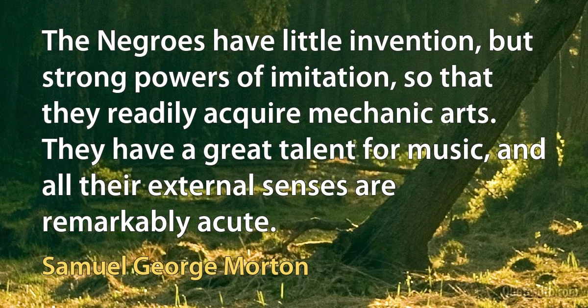 The Negroes have little invention, but strong powers of imitation, so that they readily acquire mechanic arts. They have a great talent for music, and all their external senses are remarkably acute. (Samuel George Morton)