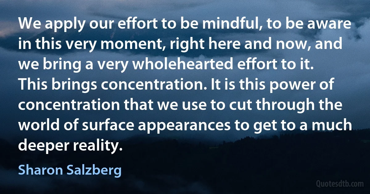 We apply our effort to be mindful, to be aware in this very moment, right here and now, and we bring a very wholehearted effort to it. This brings concentration. It is this power of concentration that we use to cut through the world of surface appearances to get to a much deeper reality. (Sharon Salzberg)