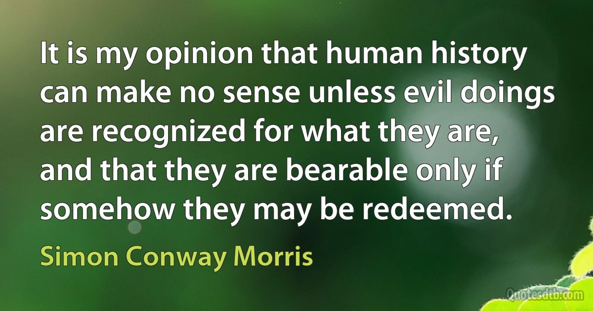 It is my opinion that human history can make no sense unless evil doings are recognized for what they are, and that they are bearable only if somehow they may be redeemed. (Simon Conway Morris)