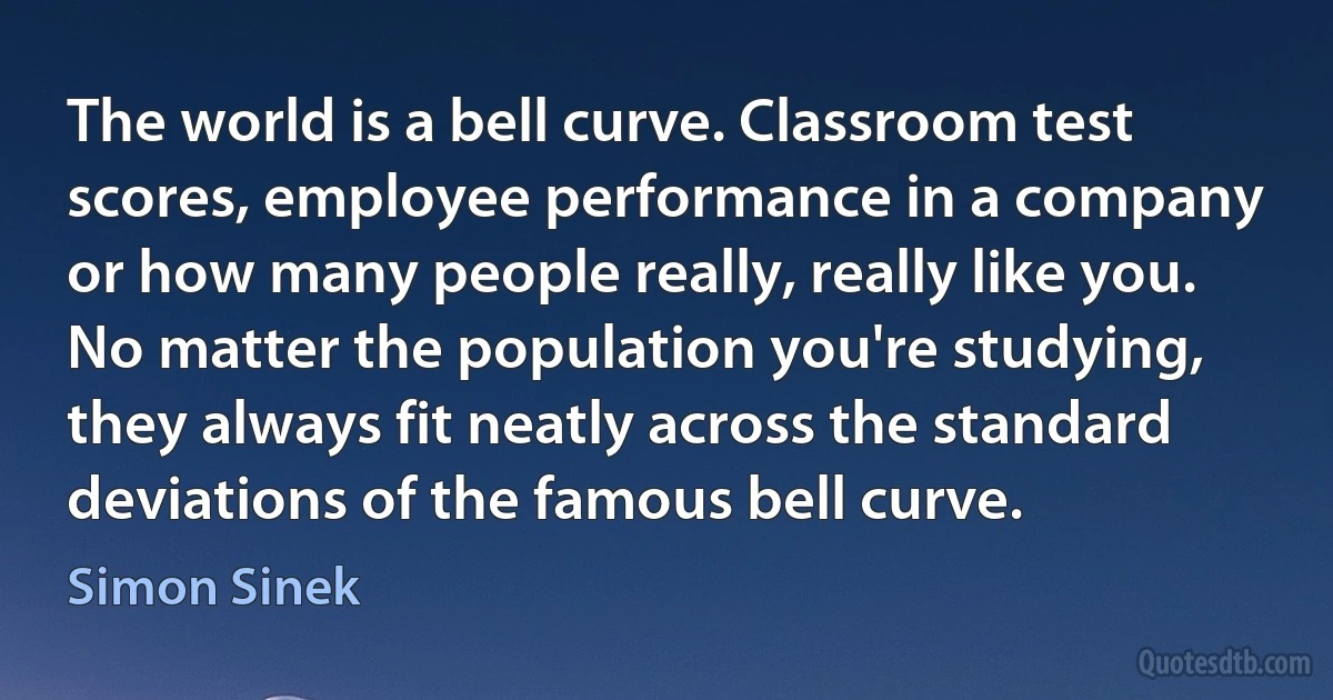 The world is a bell curve. Classroom test scores, employee performance in a company or how many people really, really like you. No matter the population you're studying, they always fit neatly across the standard deviations of the famous bell curve. (Simon Sinek)