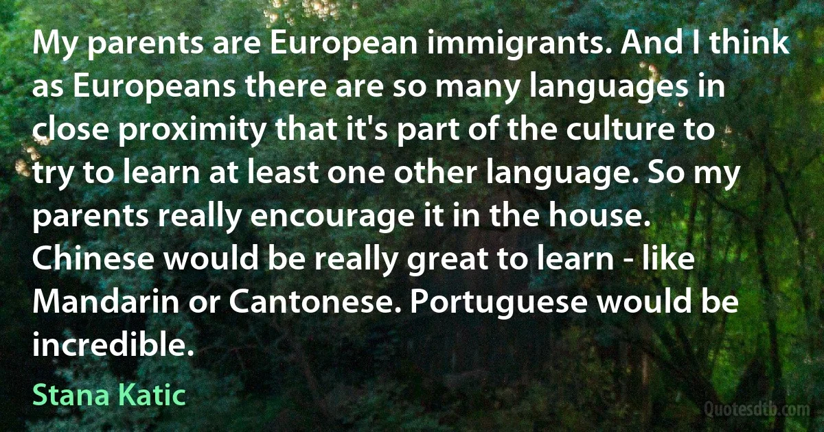 My parents are European immigrants. And I think as Europeans there are so many languages in close proximity that it's part of the culture to try to learn at least one other language. So my parents really encourage it in the house. Chinese would be really great to learn - like Mandarin or Cantonese. Portuguese would be incredible. (Stana Katic)