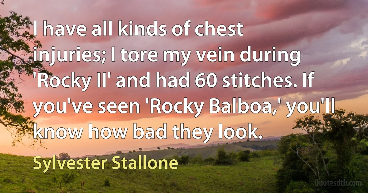 I have all kinds of chest injuries; I tore my vein during 'Rocky II' and had 60 stitches. If you've seen 'Rocky Balboa,' you'll know how bad they look. (Sylvester Stallone)