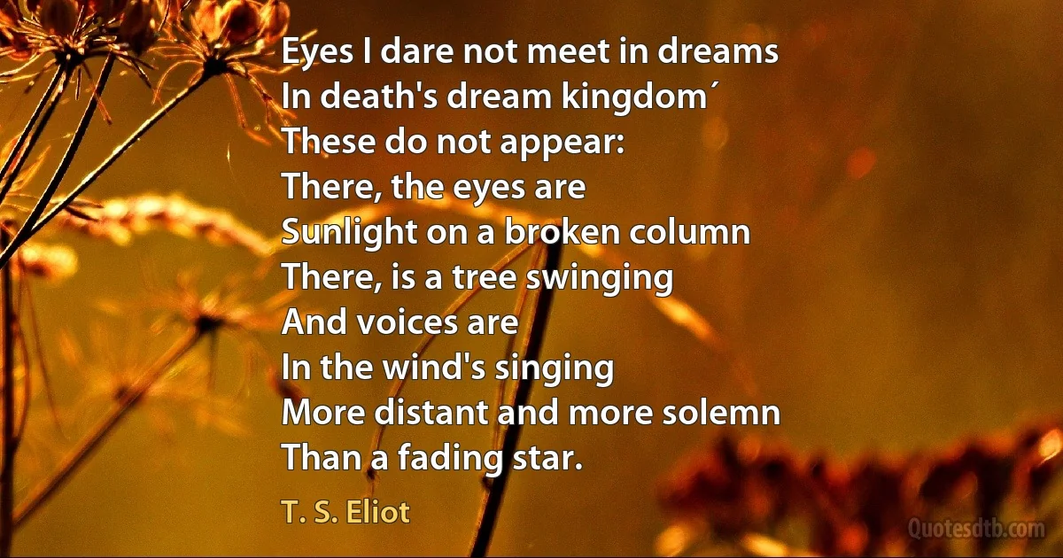 Eyes I dare not meet in dreams
In death's dream kingdom´
These do not appear:
There, the eyes are
Sunlight on a broken column
There, is a tree swinging
And voices are
In the wind's singing
More distant and more solemn
Than a fading star. (T. S. Eliot)