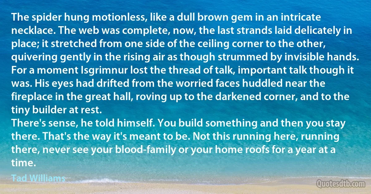 The spider hung motionless, like a dull brown gem in an intricate necklace. The web was complete, now, the last strands laid delicately in place; it stretched from one side of the ceiling corner to the other, quivering gently in the rising air as though strummed by invisible hands.
For a moment Isgrimnur lost the thread of talk, important talk though it was. His eyes had drifted from the worried faces huddled near the fireplace in the great hall, roving up to the darkened corner, and to the tiny builder at rest.
There's sense, he told himself. You build something and then you stay there. That's the way it's meant to be. Not this running here, running there, never see your blood-family or your home roofs for a year at a time. (Tad Williams)