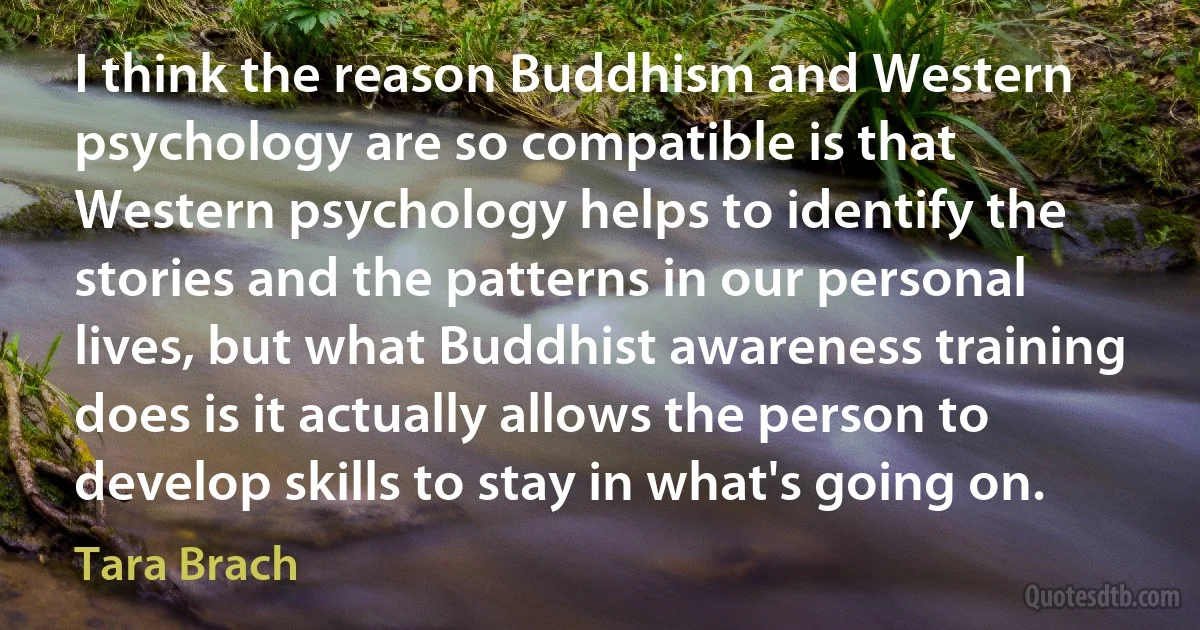 I think the reason Buddhism and Western psychology are so compatible is that Western psychology helps to identify the stories and the patterns in our personal lives, but what Buddhist awareness training does is it actually allows the person to develop skills to stay in what's going on. (Tara Brach)