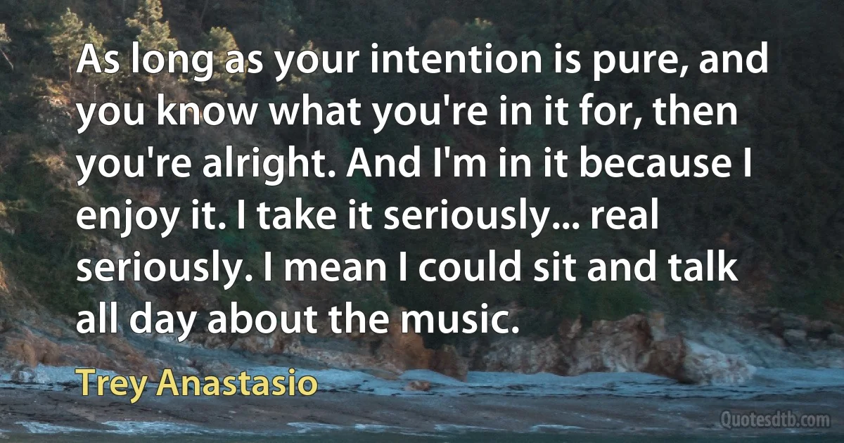 As long as your intention is pure, and you know what you're in it for, then you're alright. And I'm in it because I enjoy it. I take it seriously... real seriously. I mean I could sit and talk all day about the music. (Trey Anastasio)