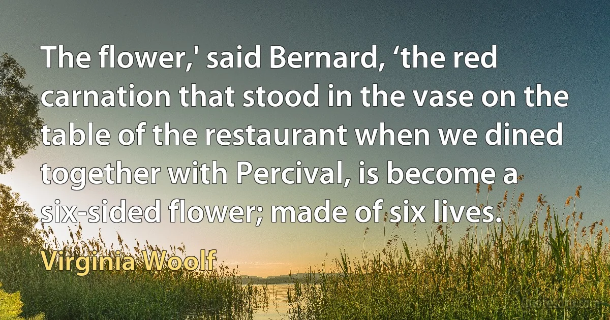 The flower,' said Bernard, ‘the red carnation that stood in the vase on the table of the restaurant when we dined together with Percival, is become a six-sided flower; made of six lives. (Virginia Woolf)