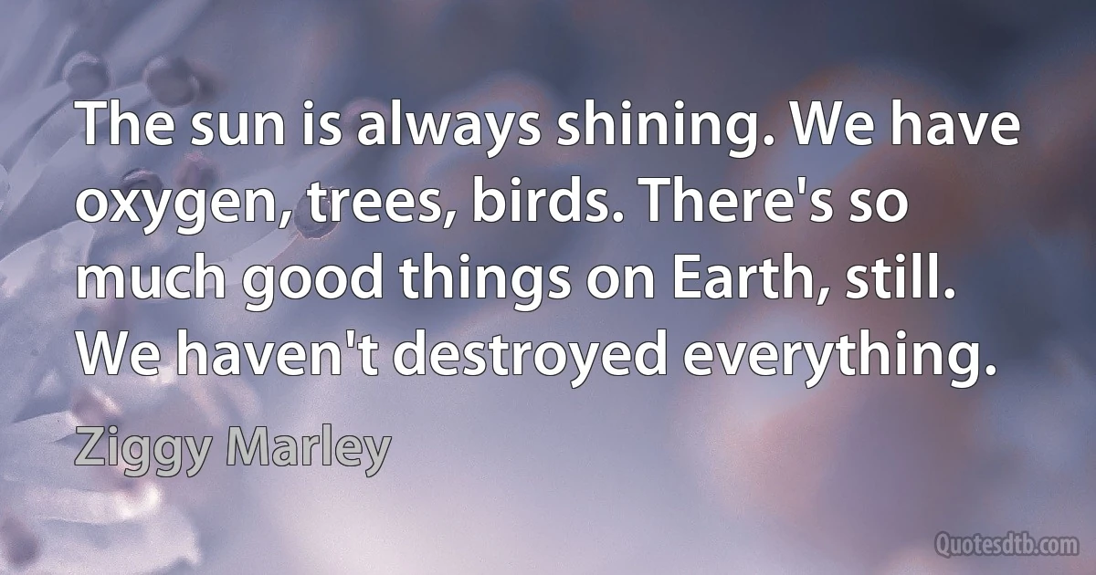 The sun is always shining. We have oxygen, trees, birds. There's so much good things on Earth, still. We haven't destroyed everything. (Ziggy Marley)