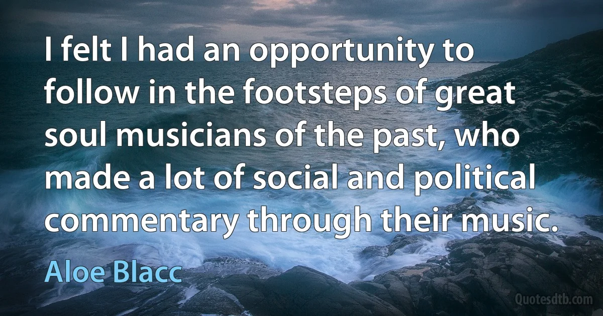 I felt I had an opportunity to follow in the footsteps of great soul musicians of the past, who made a lot of social and political commentary through their music. (Aloe Blacc)