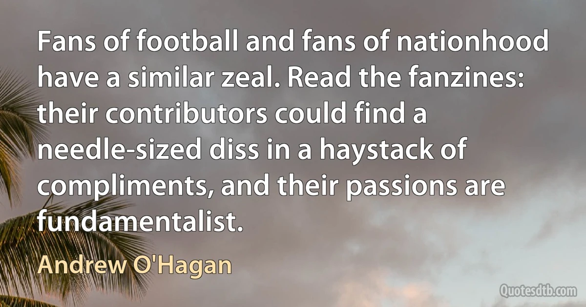 Fans of football and fans of nationhood have a similar zeal. Read the fanzines: their contributors could find a needle-sized diss in a haystack of compliments, and their passions are fundamentalist. (Andrew O'Hagan)