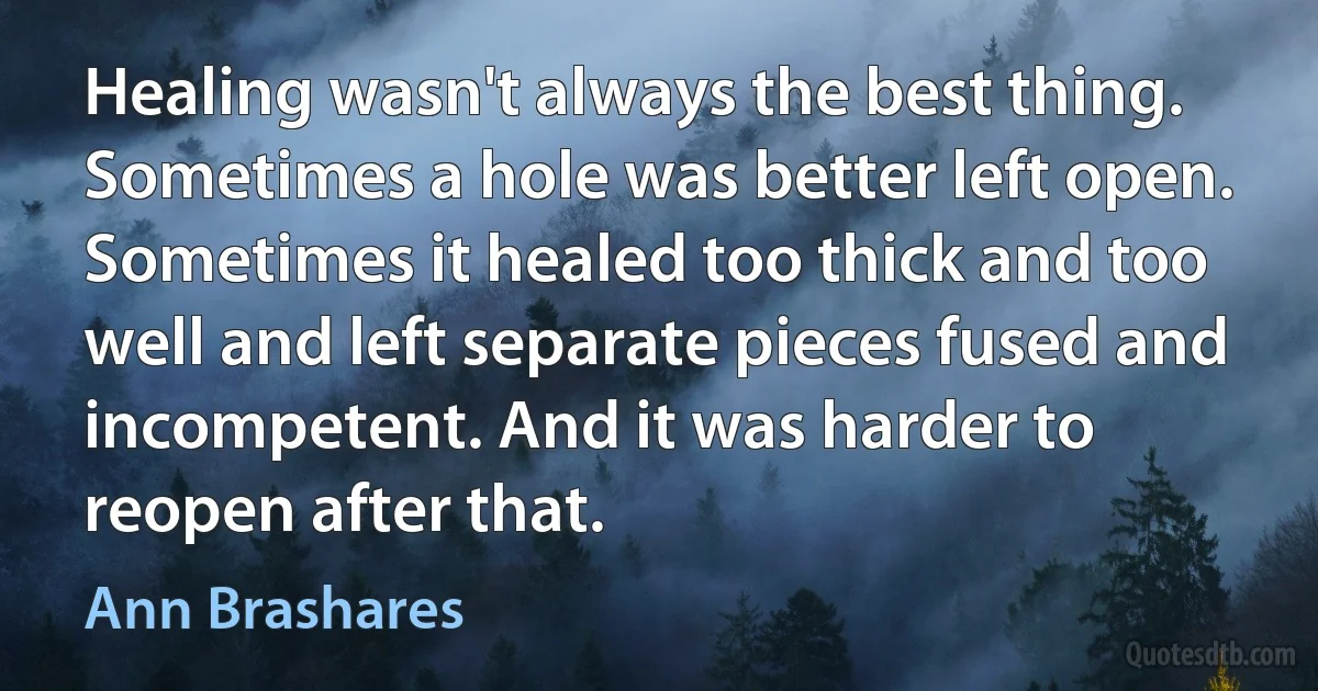 Healing wasn't always the best thing. Sometimes a hole was better left open. Sometimes it healed too thick and too well and left separate pieces fused and incompetent. And it was harder to reopen after that. (Ann Brashares)