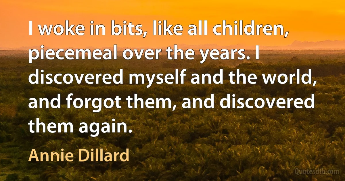 I woke in bits, like all children, piecemeal over the years. I discovered myself and the world, and forgot them, and discovered them again. (Annie Dillard)