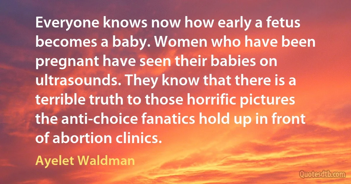 Everyone knows now how early a fetus becomes a baby. Women who have been pregnant have seen their babies on ultrasounds. They know that there is a terrible truth to those horrific pictures the anti-choice fanatics hold up in front of abortion clinics. (Ayelet Waldman)