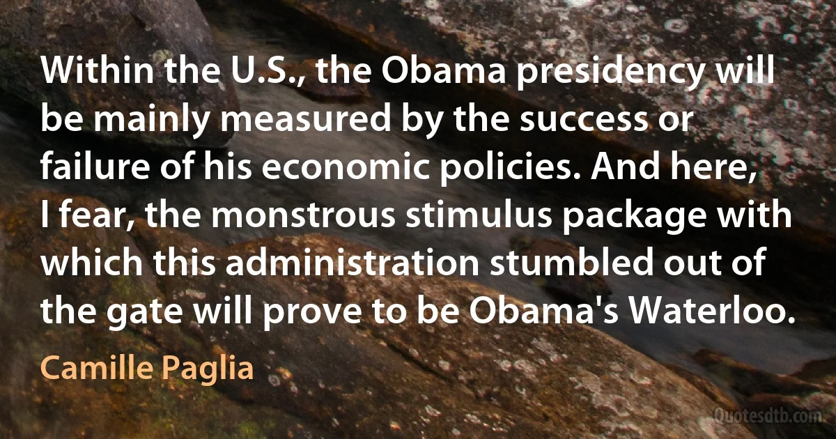 Within the U.S., the Obama presidency will be mainly measured by the success or failure of his economic policies. And here, I fear, the monstrous stimulus package with which this administration stumbled out of the gate will prove to be Obama's Waterloo. (Camille Paglia)