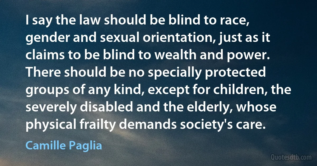 I say the law should be blind to race, gender and sexual orientation, just as it claims to be blind to wealth and power. There should be no specially protected groups of any kind, except for children, the severely disabled and the elderly, whose physical frailty demands society's care. (Camille Paglia)