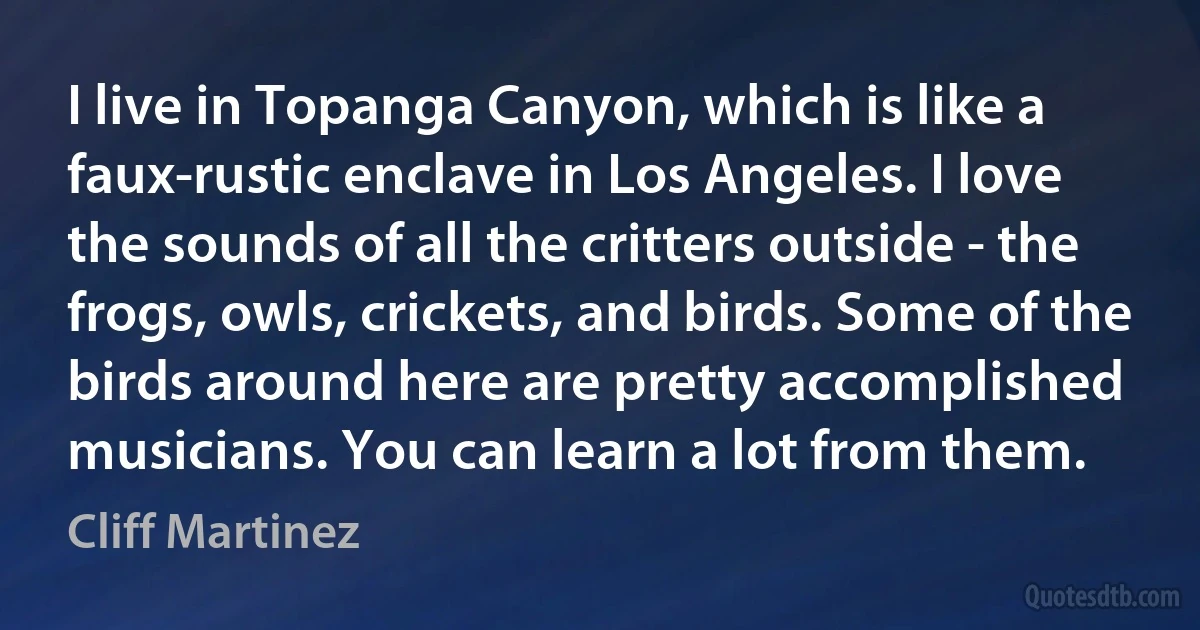 I live in Topanga Canyon, which is like a faux-rustic enclave in Los Angeles. I love the sounds of all the critters outside - the frogs, owls, crickets, and birds. Some of the birds around here are pretty accomplished musicians. You can learn a lot from them. (Cliff Martinez)