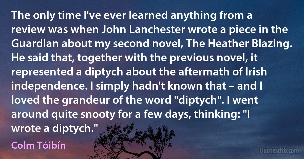 The only time I've ever learned anything from a review was when John Lanchester wrote a piece in the Guardian about my second novel, The Heather Blazing. He said that, together with the previous novel, it represented a diptych about the aftermath of Irish independence. I simply hadn't known that – and I loved the grandeur of the word "diptych". I went around quite snooty for a few days, thinking: "I wrote a diptych." (Colm Tóibín)