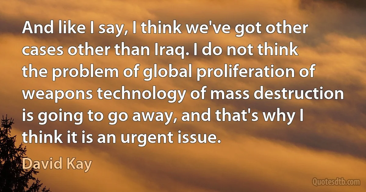 And like I say, I think we've got other cases other than Iraq. I do not think the problem of global proliferation of weapons technology of mass destruction is going to go away, and that's why I think it is an urgent issue. (David Kay)