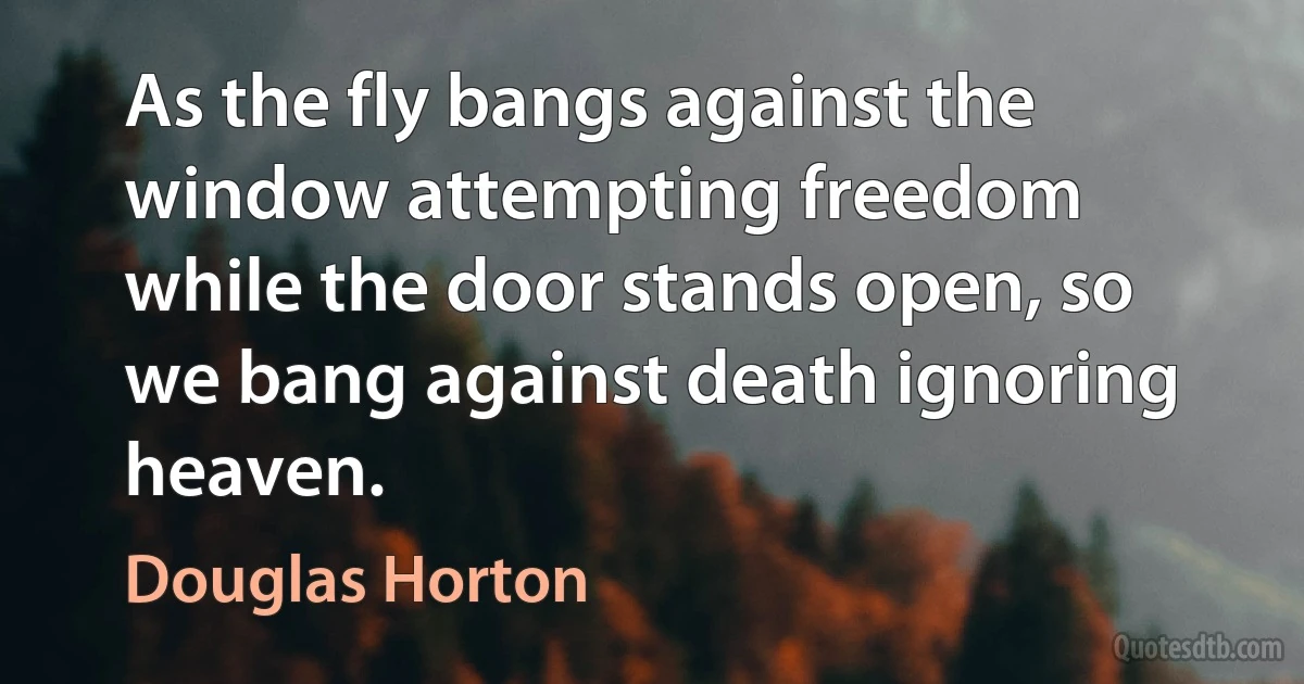 As the fly bangs against the window attempting freedom while the door stands open, so we bang against death ignoring heaven. (Douglas Horton)