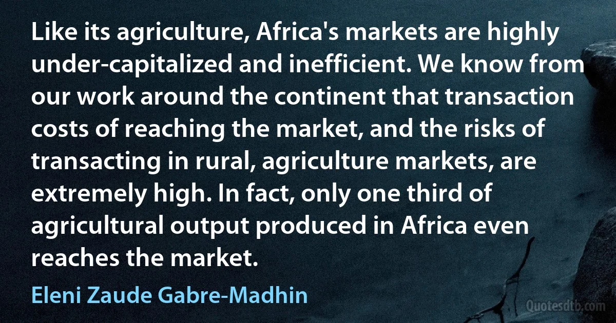 Like its agriculture, Africa's markets are highly under-capitalized and inefficient. We know from our work around the continent that transaction costs of reaching the market, and the risks of transacting in rural, agriculture markets, are extremely high. In fact, only one third of agricultural output produced in Africa even reaches the market. (Eleni Zaude Gabre-Madhin)