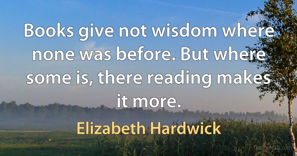 Books give not wisdom where none was before. But where some is, there reading makes it more. (Elizabeth Hardwick)