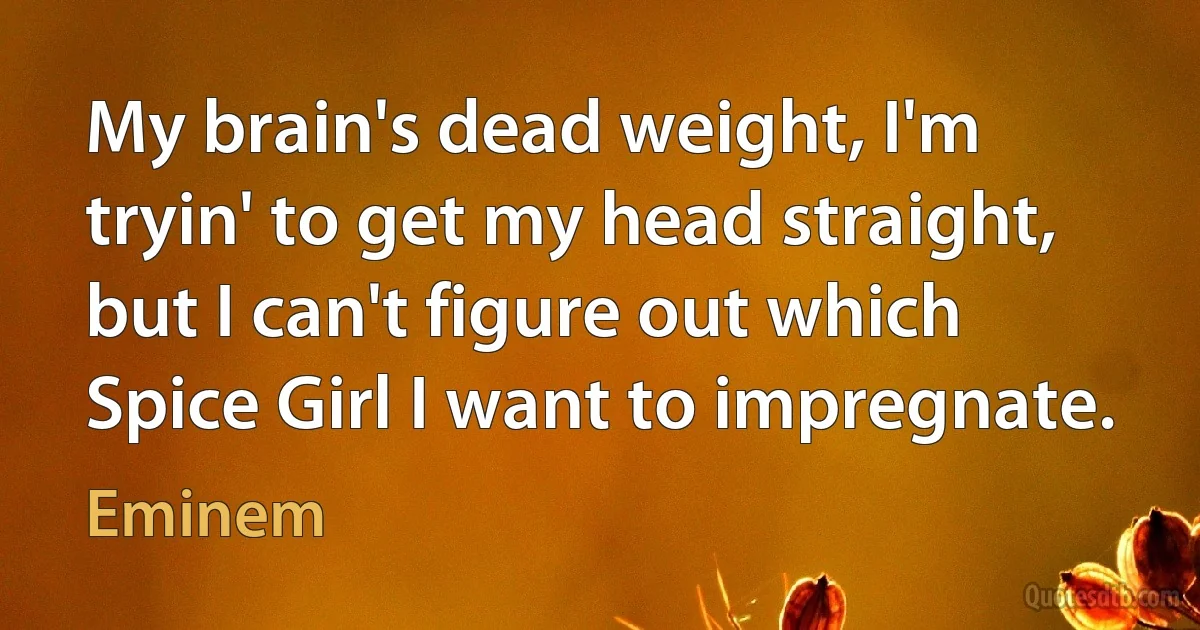 My brain's dead weight, I'm tryin' to get my head straight, but I can't figure out which Spice Girl I want to impregnate. (Eminem)